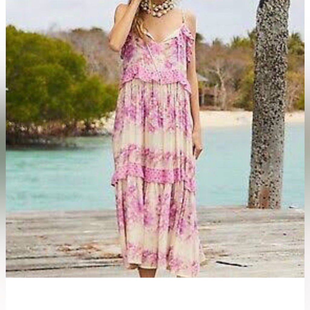 Spell Pink And Cream Floral Tiered Midi Dress